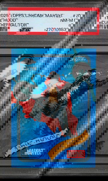 2025 Topps Chrome Marvel Blue Refractor the Hood #70 /299 PSA 8