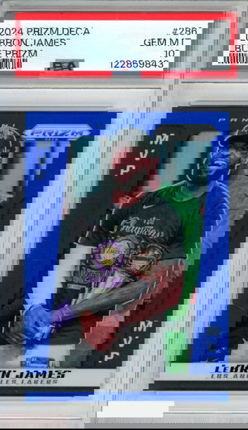 2024 PANINI PRIZM DECA LEBRON JAMES #286 MVP BLUE PRIZM 65 OF 149 LAKERS PSA 10