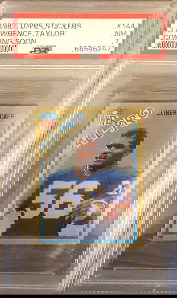 1982 Topps Stickers #144 Lawrence Taylor "Coming Soon" rookie foil sticker - PSA 7