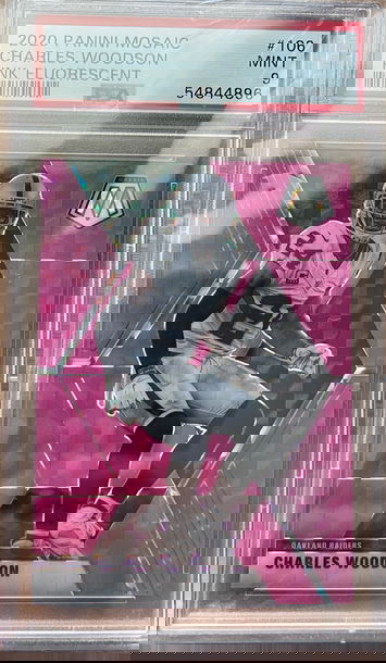 2020 Mosaic Football Charles Woodson 106 Pink Fluorescent Prizm /10 PSA 9