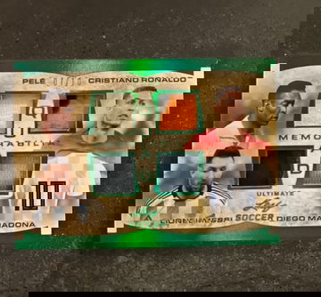 2022 LEAF ULTIMATE PELE/RONALDO/MESSI MARADONA  Game used QUAD Relic Serial #/10