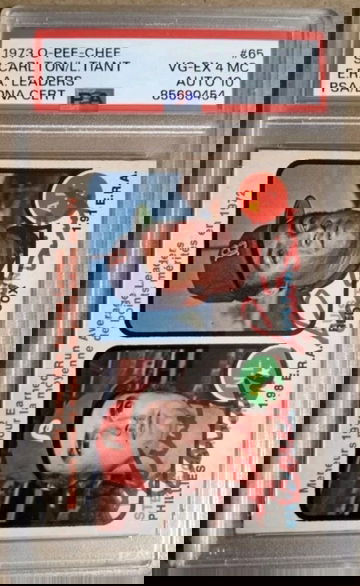 1973 o-pee-chee #65 leaders Steve Carlton & Luis Tiant PSA 4MC Auto 10