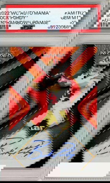 2022 WILD CRD AUTO MANIA BROCK PURDY #AMTH2 RAINBOW-ORANGE PSA 10