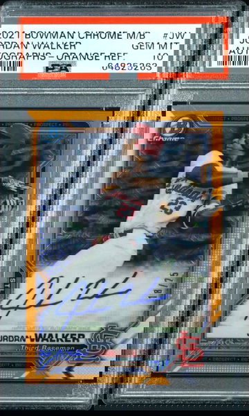 2021 Bowman Chrome Mega Box Autographs Jordan Walker RC #18/25 Orange Refractor SSP PSA 10 Gem Mint