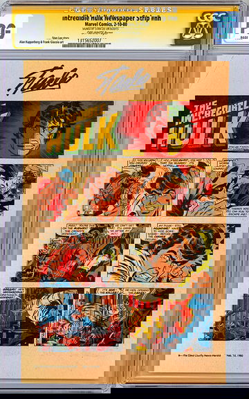 INCREDIBLE HULK NEWSPAPER STRIP #NN CGC-SS -PG- SIGNED STAN LEE FEBRUARY 10 1980