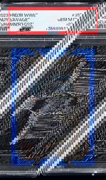 2023 WWE PRIZM First off the Line Randy Macho Man Savage Blue Shimmer PRIZM #1/11 PSA 10