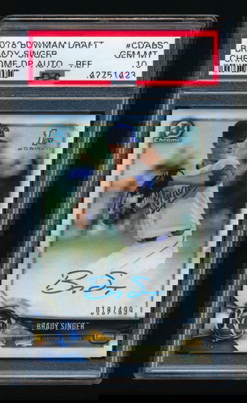 2018 Bowman Chrome Draft Brady Singer RC Refractor Auto /499, PSA 10