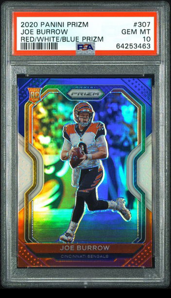 2020 Panini Prizm Joe Burrow Red/White/Blue Prizm PSA 10