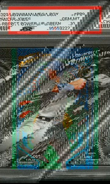 2024 BOWMAN MEGA BOX #PP9 SPENCER JONES CHROME PROSPECT POWER-UP GREEN /99 PSA 10!!