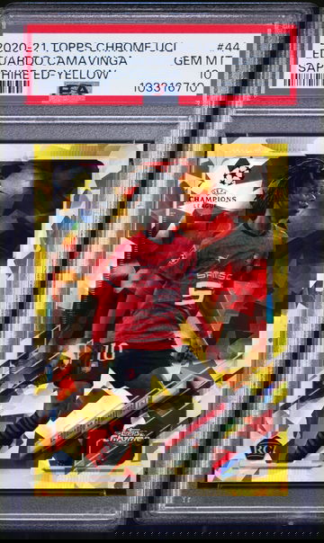 2020 TOPPS CHROME UEFA CL SAPPHIRE EDUARDO CAMAVINGA /99 YELLOW #44 RC PSA 10