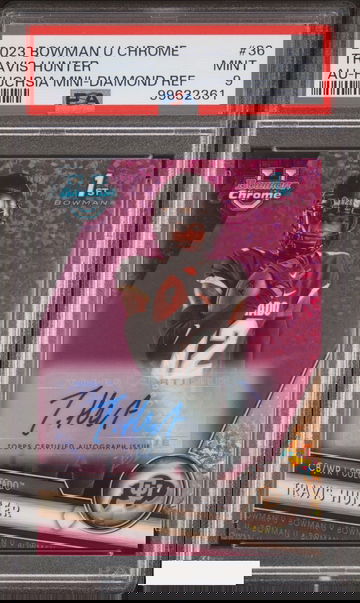 2023 BOWMAN U CHROME TRAVIS HUNTER #36 FUCHSIA MINI DIAMOND AUTO OF 150 PSA 9