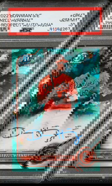 2022 Bowman Darell Hernaiz 1st Aqua Refractor Sapphire /99 PSA 10