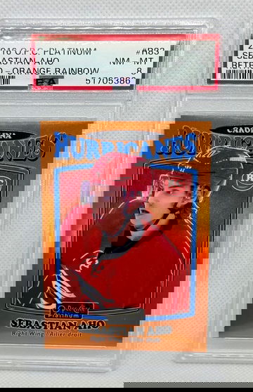 2016-17 O-Pee-Chee Platinum Retro Orange Rainbow #R83 Sebatian Aho Rookie 27/49 PSA 8