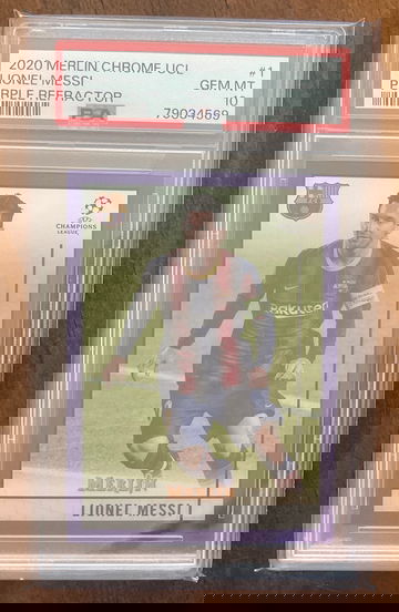 2020 Merlin Chrome UCL Lionel Messi Purple Refractor 157/299 PSA10