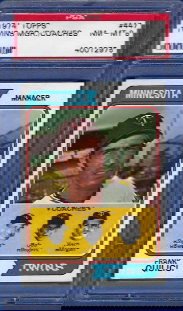 1974 Topps Frank Quilici/Ralph Rowe/Bob Rogers/Vern Morgan #447 *PSA 8* Minnesota Twins