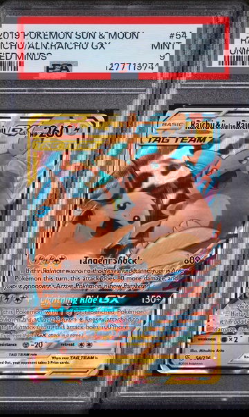 2019 Pokemon Sun and Moon Unified Minds Alolan Raichu Gx/Raichu #54 PSA 9