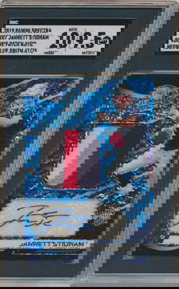 2019 PANINI SPECTRA JARRETT STIDHAM ROOKIE PATCH AUTO NEON BLUE PRIZM #47/75 SGC 10/9.5