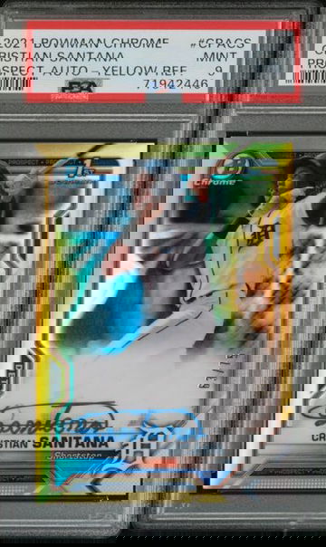 2021 Bowman Chrome Cristian Santana Autograph Yellow Refractor PSA 9