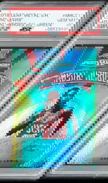 2018 Leaf Metal Sports Heroes Carl Lewis Medal Heroes Auto Green Chrome Foil /5 PSA 10