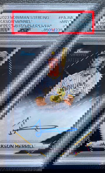 JACKSON MERRILL 2023 BOWMAN STERLING PROSPECT AUTO BLACK /10 PSA 9 MINT