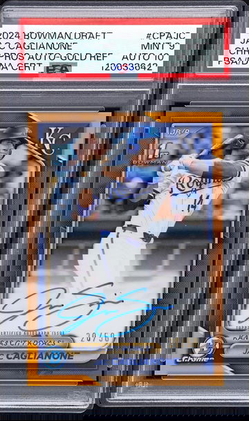 2024 Chrome Draft Autographs Gold Refractors Jac Caglianone #CPAJC /50 PSA 9