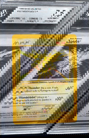 1999 Base Set Unlimited Zapdos Holo BGS 7.5 NEAR MINT+ 9.5 centering 16/102