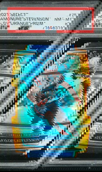 2021 PANINI SELECT RHAMONDRE STEVENSON DIE-CUT ORANGE PRIZM SP /249 #75 PSA 8