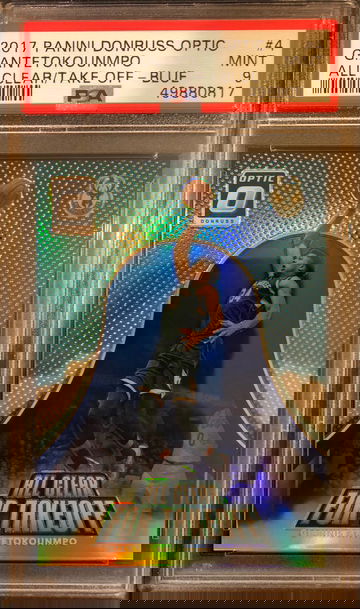 Giannis Antetokounmpo 2017-18 Donruss Optic All Clear For Takeoff Blue SP /49 PSA 9 Mint 