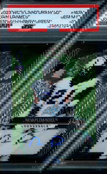 2023 WILD CARD 5 CARD DRAW STACKED DECK QUEEN AUTOGRAPHS NDA NOAH DANIELS HEART-RAINBOW FOIL-GREEN PSA 10