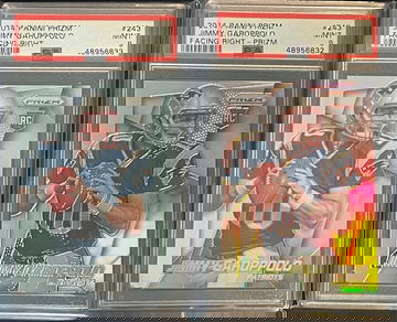 Jimmy Garoppolo 2 2014 prizm rc 1 facing right and 1 prizm silver variant 