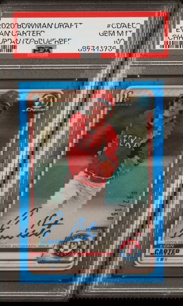 2020 Bowman Draft Chrome Evan Carter Blue Refractor Auto PSA 10 /150 Rangers