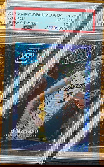 Lonzo Ball 2017 Optic Fast Break Purple Holo Prizm Rookie RC /155 Disco PSA Gem Mint 10
