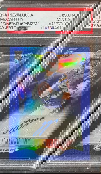 2024 PANINI PRIZM DECA AUTO BLUE PRIZM JJ MCCARTHY RC /49 PSA 9 DNA AUTO 10