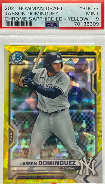 2021 BOWMAN DRAFT JASSON DOMINGUEZ CHROME SAPPHIRE ED - YELLOW/99 #BDC77 PSA 9 MINT