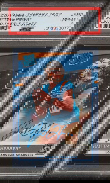 2020 Panini Donruss Optic Justin Herbert Purple Stars Auto PSA 8 /50