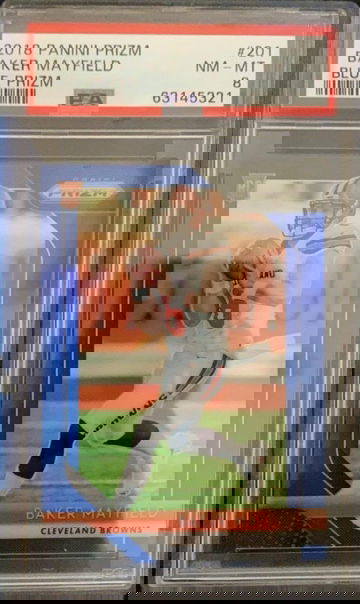 2018 Prizm Baker Mayfield Blue Prizm PSA 8