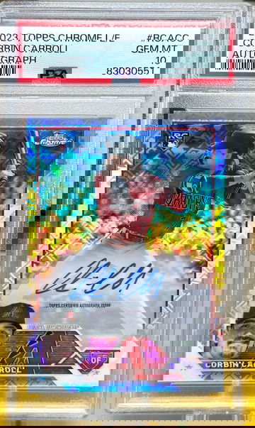 2023 topps chrome logofractor corbin Carroll rookie auto PSA 10 on card autograph ssp sp