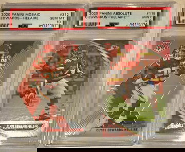 2x 2020 Clyde Edwards-Helaire Mosaic #212 PSA 10 & Absolute #118 PSA 9
