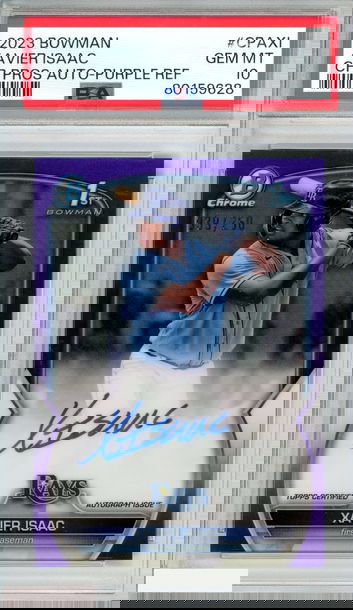 2023 BOWMAN CHROME PROSPECT AUTO XAVIER ISAAC #CPAXI PURPLE OF 250 1ST RC PSA 10