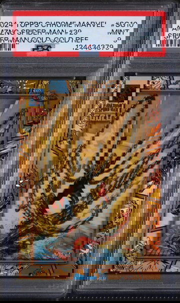 2024 Topps Chrome Marvel Spider-Man Gold Spider-Man Gold-Gold Ref Amzng Spider Man #SG10 /50 PSA 9