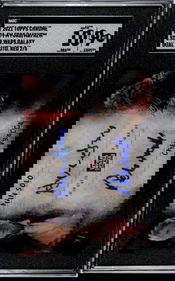 2021 Topps Chrome Star Wars DA-FM Dual Autograph Han Solo/Harrison Ford Chewbacca/Peter Mayhew Red /5