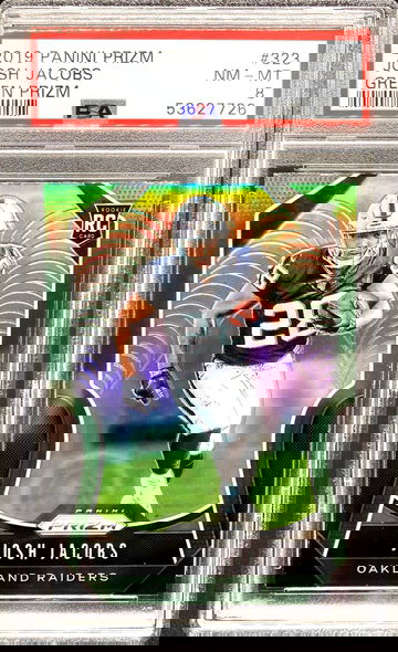 2019 Panini Prizm #323 Josh Jacobs Green Parallel RC *PSA 8 NM-MT* Very Low Pop