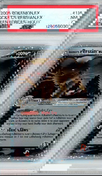 2005 POKEMON EX UNSEEN FORCES ROCKETS PERSIAN EX #116 HOLO PSA 7 NM