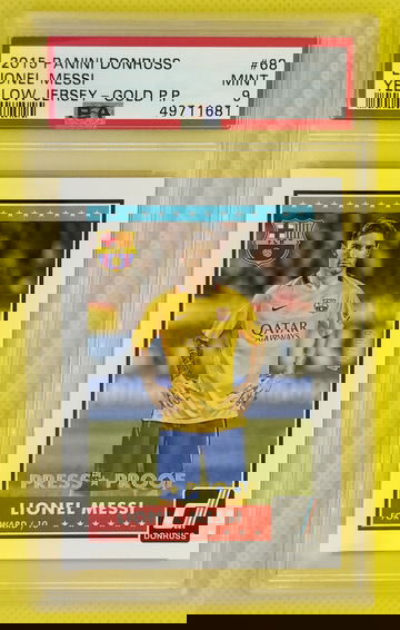 LIONEL MESSI 2015 Panini Donruss Press Proof Gold 44/99 Barcelona Argentina - PSA 9 MINT