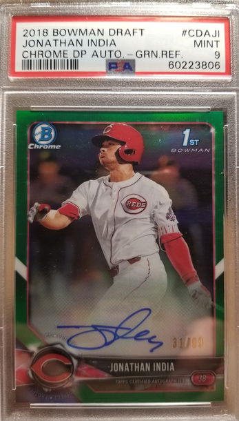 Jonathan India 2018 Bowman Draft Chrome Green Refractor Auto #/99 PSA 9