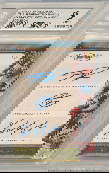 2017 Dominion GIANNIS ANTETOKOUNMPO KHRIS MIDDLETON THON MAKER Triple Threat AUTO Gold #/5 BGS 9