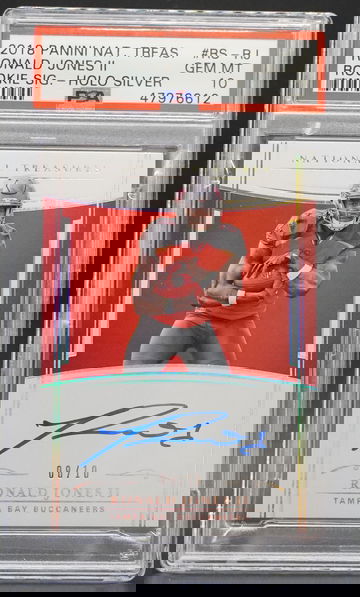 2018 National Treasures Ronald Jones Rookie Auto Silver Holo PSA 10