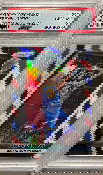 2018 PANINI PRIZM #222 STEPHEN CURRY RED/WHITE/BLUE PRIZM GEM MT