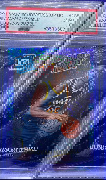 2017-18 Panini Donruss Optic Fast Break Purple /155 Donovan Mitchell PSA 9 Mint rookie