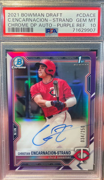 2021 BOWMAN CHROME DP PURPLE REFRACTORS CHRISTIAN ENCARNACION-STRAND AUTO RC /250 PSA 10 GEM!